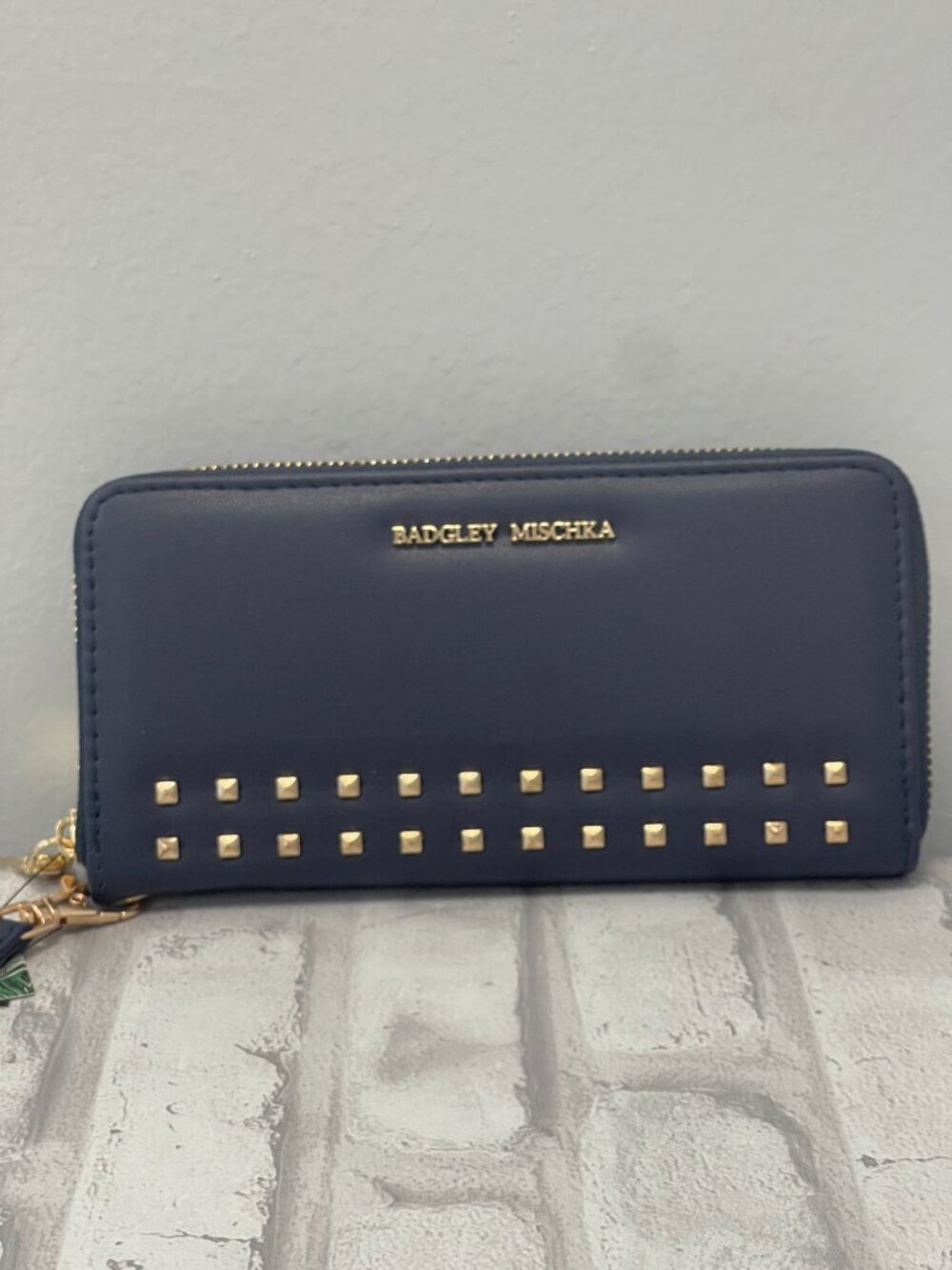 Badgley Mischka Navy Blue Studded Zip Around Phone Wallet Wristlet - NWT